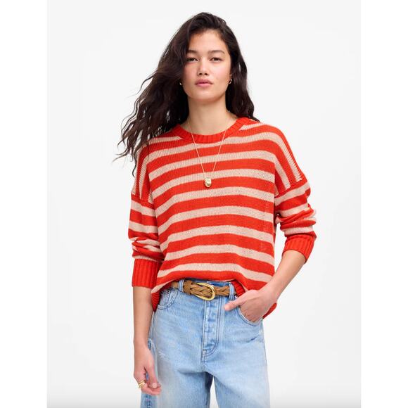 Madewell Sweaters - Madewell Linen Drop Shoulder Sweater Bright Flame Striped Nautical Small